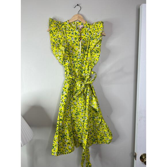 NEW vBanjanan Audrey Floral Cotton Poplin Flutter Sleeve Tie Mini Dress Yellow - Picture 2 of 7